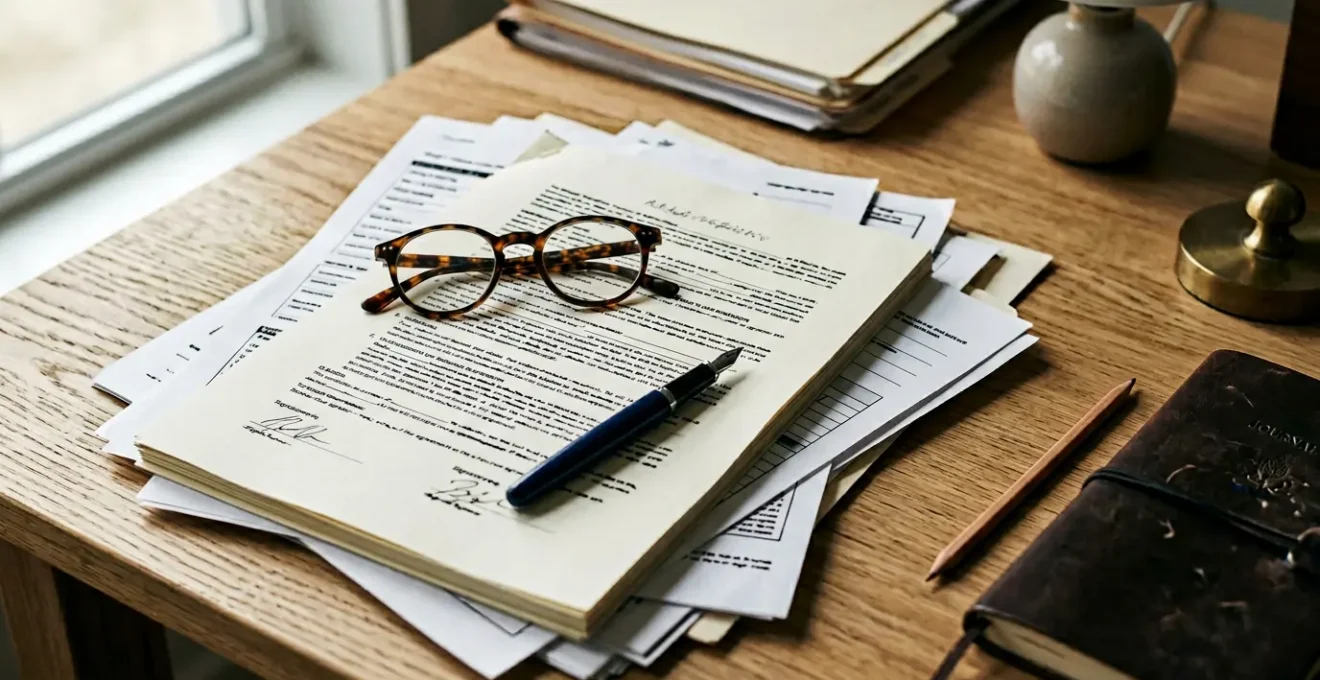 Document de bail d'habitation avec stylo et lunettes sur un bureau, représentant les pièges juridiques de la clause résolutoire