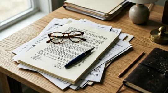 Document de bail d'habitation avec stylo et lunettes sur un bureau, représentant les pièges juridiques de la clause résolutoire