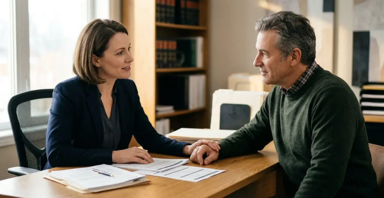 Consultation juridique entre avocat spécialisé en droit immobilier et propriétaire bailleur discutant d'une procédure d'expulsion