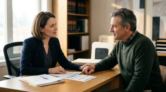 Consultation juridique entre avocat spécialisé en droit immobilier et propriétaire bailleur discutant d'une procédure d'expulsion