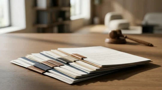 Représentation visuelle du contentieux locatif avec focus sur l'organisation documentaire et la procédure juridique