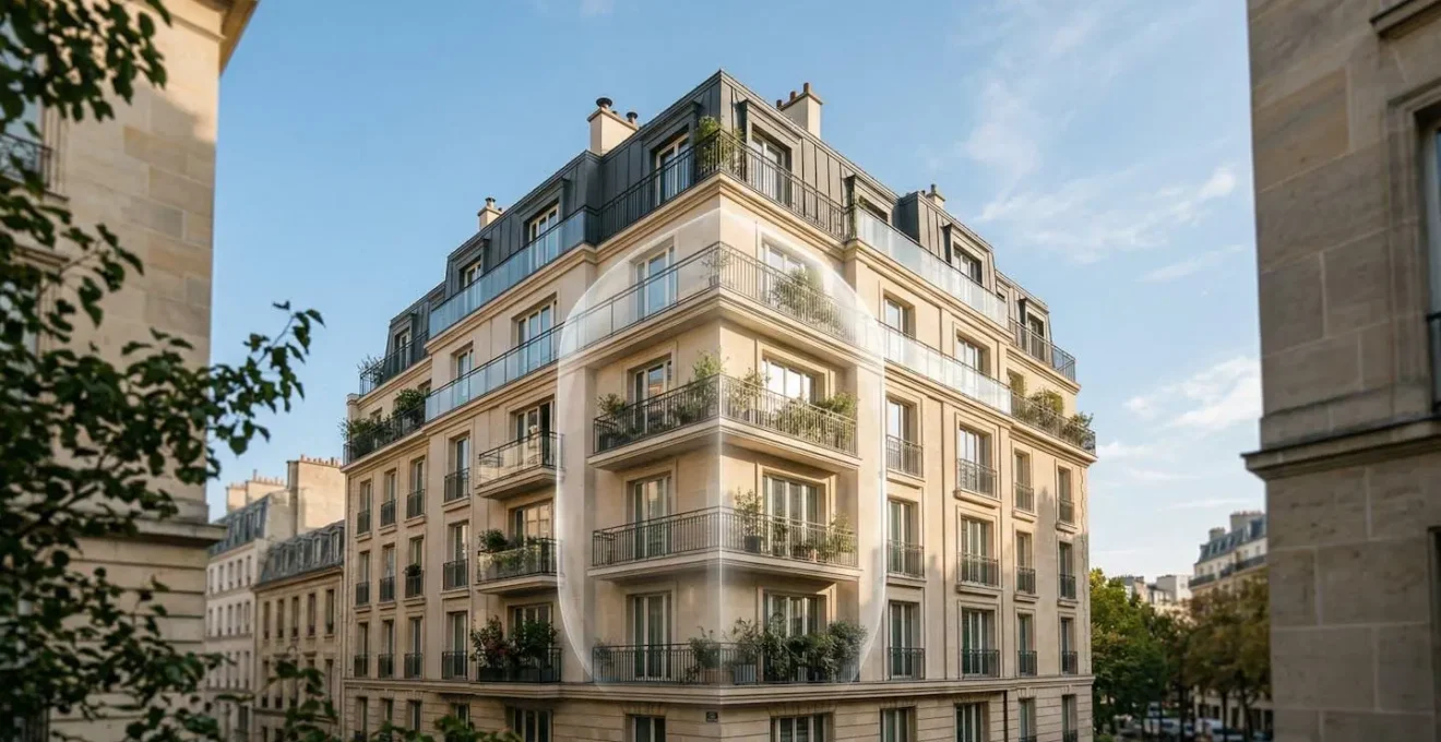 Vue architecturale d'un immeuble résidentiel français avec des éléments symbolisant la protection et l'économie