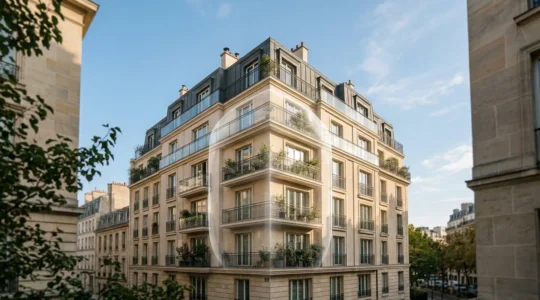 Vue architecturale d'un immeuble résidentiel français avec des éléments symbolisant la protection et l'économie