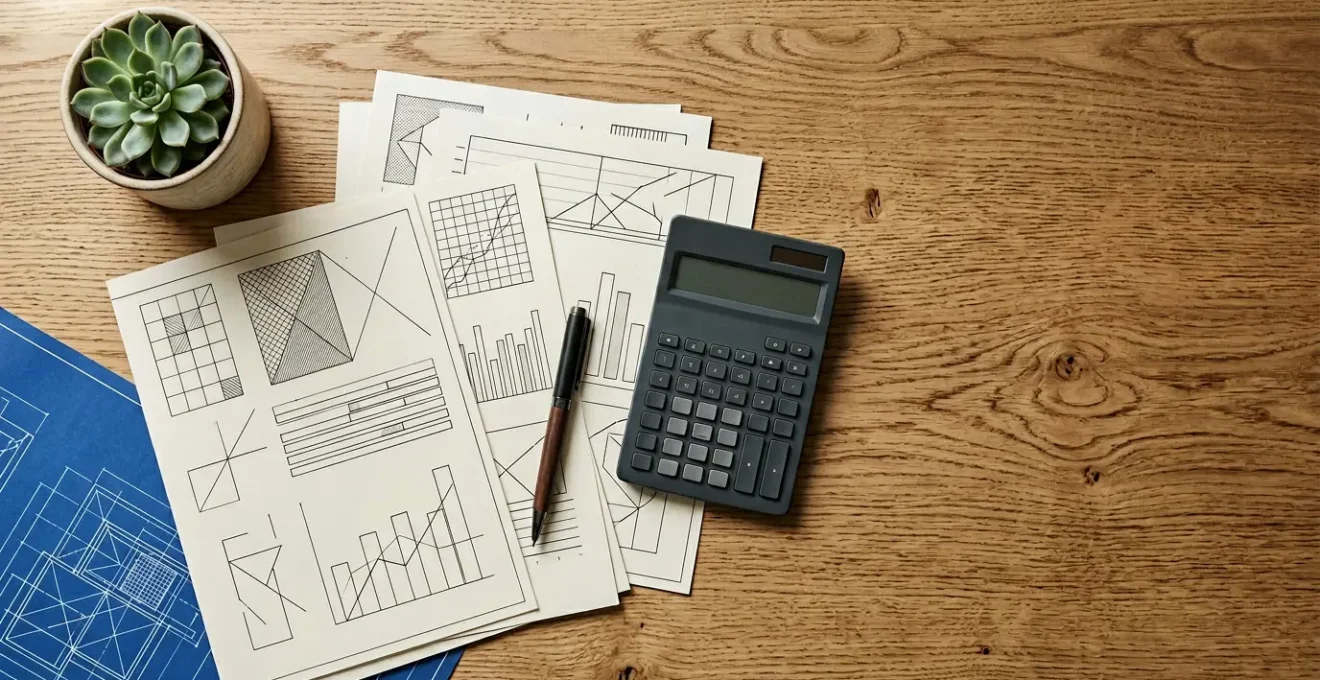 Analyse professionnelle d'un dossier de crédit immobilier sur bureau moderne avec documents et calculatrice