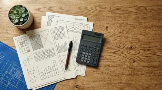 Analyse professionnelle d'un dossier de crédit immobilier sur bureau moderne avec documents et calculatrice