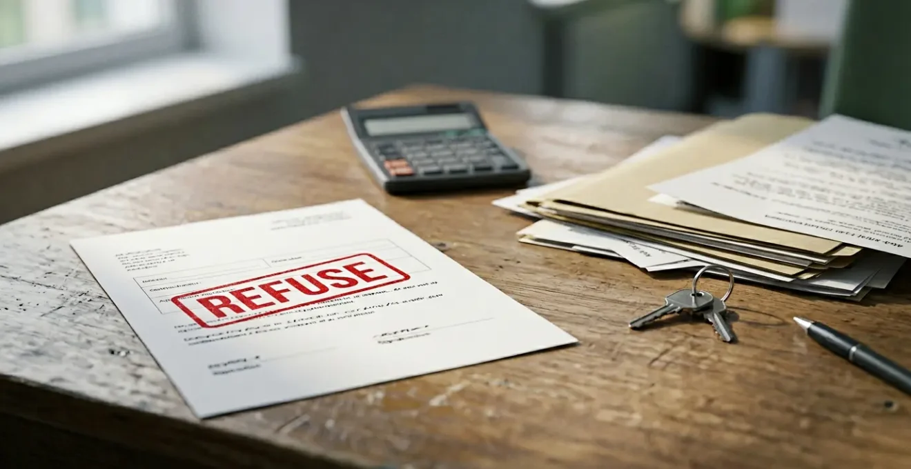 Document administratif de garantie loyers impayés avec tampon de refus sur bureau de gestion immobilière