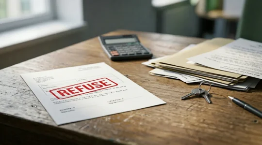 Document administratif de garantie loyers impayés avec tampon de refus sur bureau de gestion immobilière