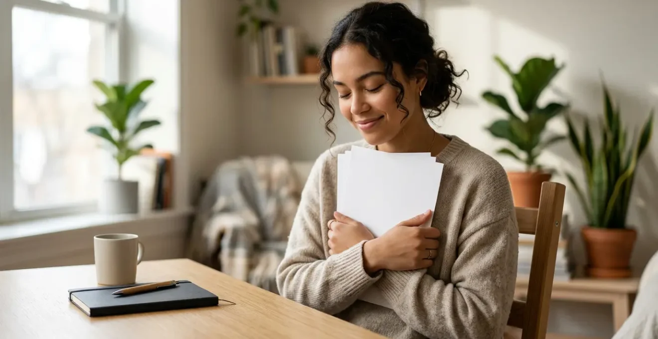 Un étudiant consultant des documents administratifs dans son studio avec une ambiance de sérénité financière