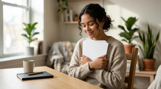 Un étudiant consultant des documents administratifs dans son studio avec une ambiance de sérénité financière