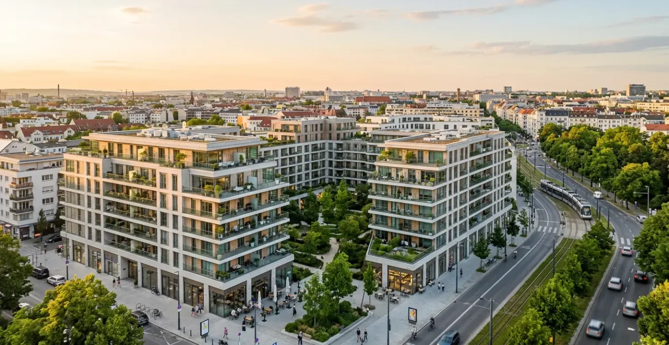 Vue aerienne d'un immeuble residentiel moderne avec espaces verts et infrastructure urbaine de qualite illustrant un emplacement premium pour investissement locatif securise