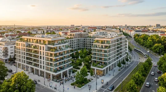 Vue aerienne d'un immeuble residentiel moderne avec espaces verts et infrastructure urbaine de qualite illustrant un emplacement premium pour investissement locatif securise