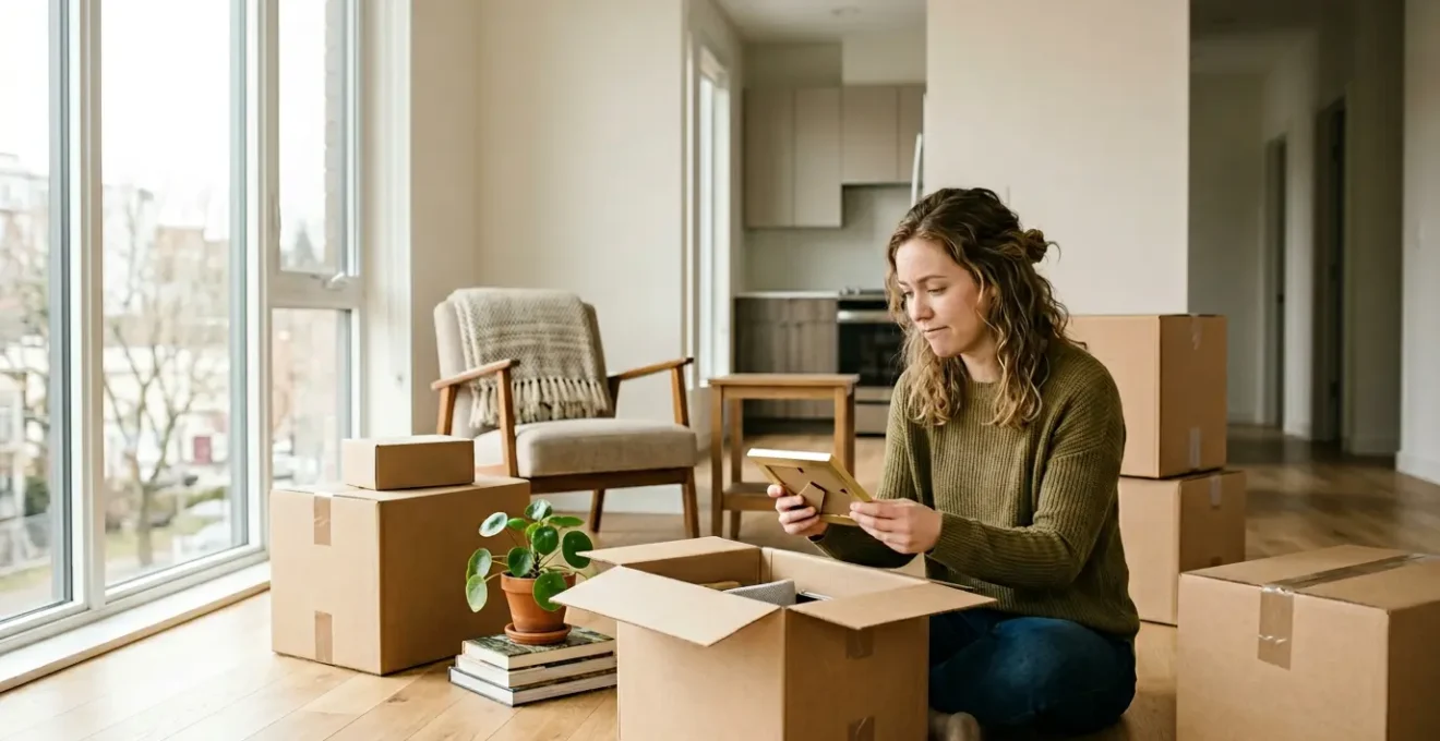 Jeune adulte dans un nouvel appartement lumineux avec des cartons de déménagement, symbolisant l'entrée dans la vie active et la gestion du budget habitation