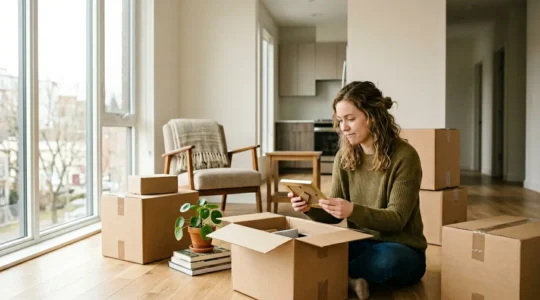Jeune adulte dans un nouvel appartement lumineux avec des cartons de déménagement, symbolisant l'entrée dans la vie active et la gestion du budget habitation