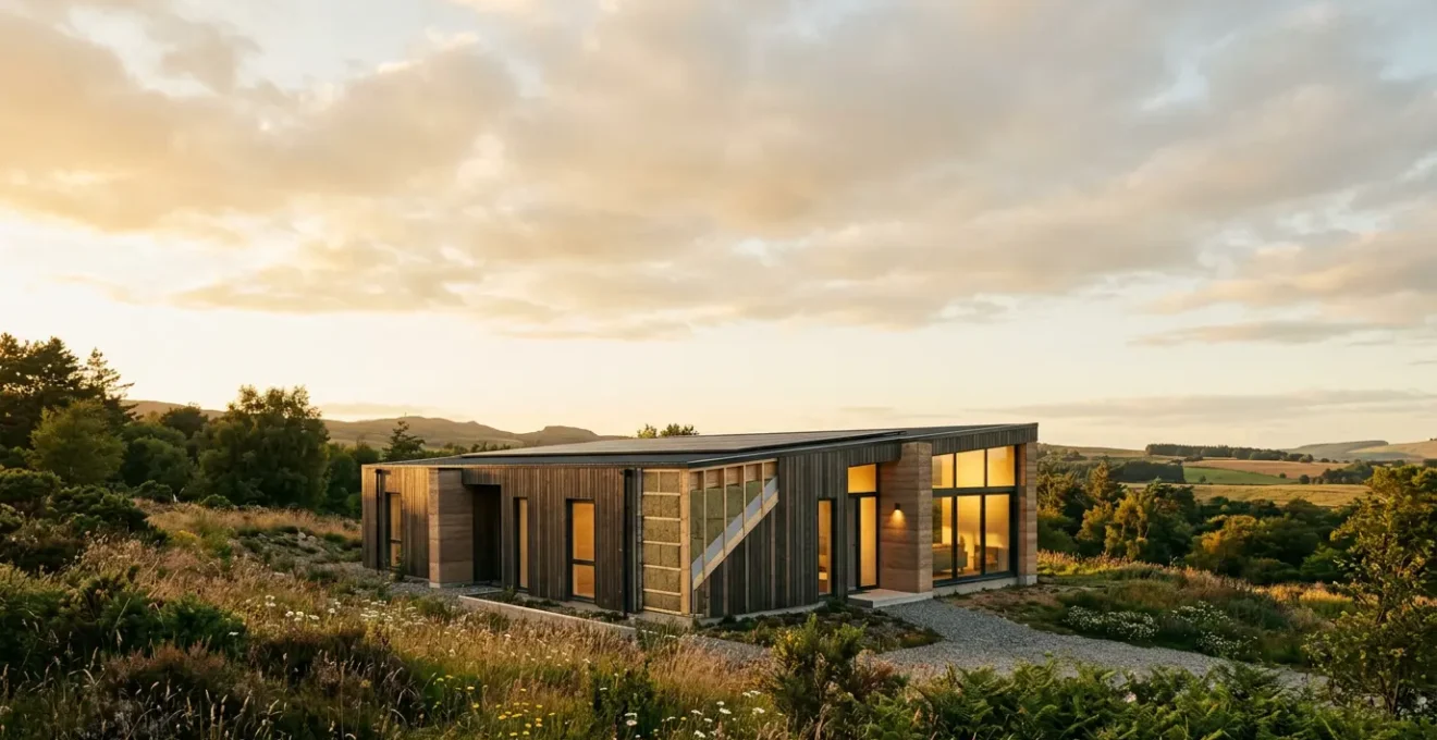 Vue extérieure d'une maison moderne avec isolation performante et équipements écologiques, symbole de valeur verte immobilière