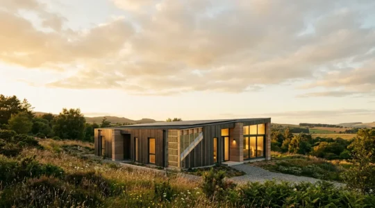Vue extérieure d'une maison moderne avec isolation performante et équipements écologiques, symbole de valeur verte immobilière