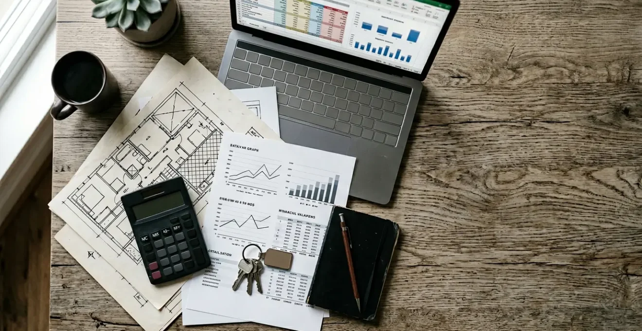 Consultation de projet immobilier avec documents de financement et plans de rénovation