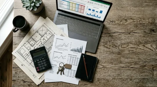 Consultation de projet immobilier avec documents de financement et plans de rénovation