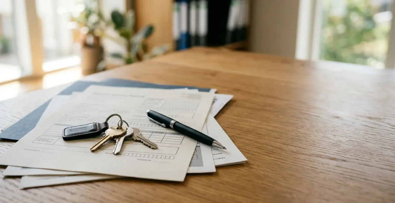 Document administratif de permis de louer avec clés d'appartement et stylo sur bureau moderne