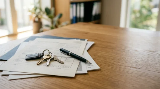 Document administratif de permis de louer avec clés d'appartement et stylo sur bureau moderne