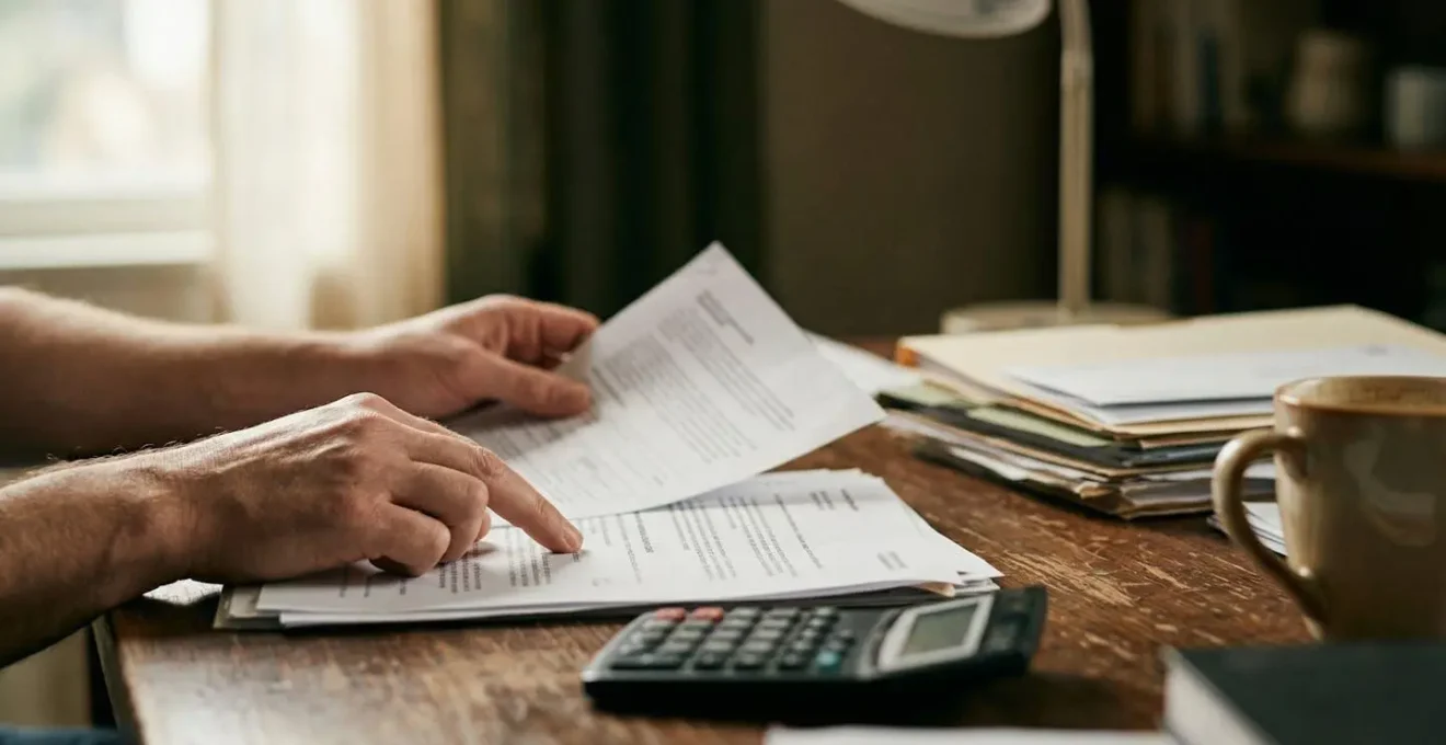 Mains tenant des documents juridiques et calculatrice illustrant les frais non couverts par l'assurance