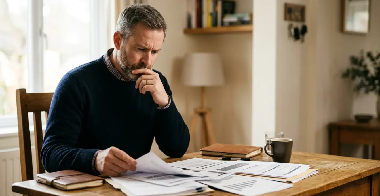 Propriétaire bailleur examinant des devis de travaux et documents de financement pour rénover un bien locatif dégradé