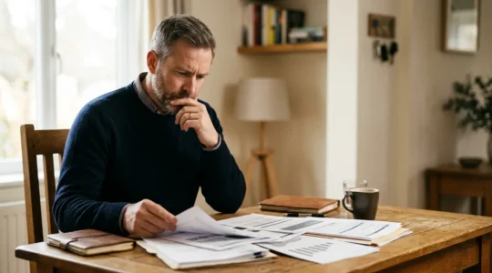 Propriétaire bailleur examinant des devis de travaux et documents de financement pour rénover un bien locatif dégradé