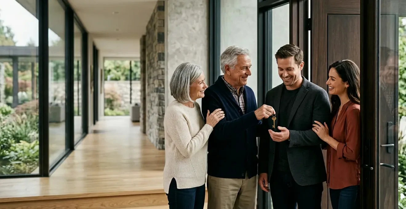 Famille securisee devant leur maison representant la protection patrimoniale et la transmission immobiliere