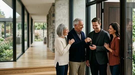 Famille securisee devant leur maison representant la protection patrimoniale et la transmission immobiliere