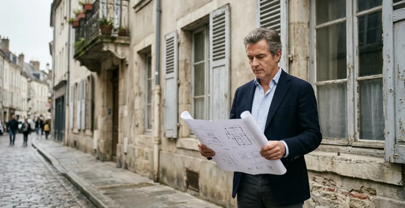 Propriétaire examinant des plans de rénovation énergétique devant un immeuble ancien nécessitant des travaux d'isolation