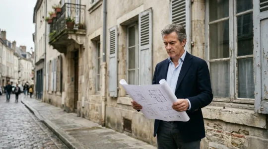 Propriétaire examinant des plans de rénovation énergétique devant un immeuble ancien nécessitant des travaux d'isolation