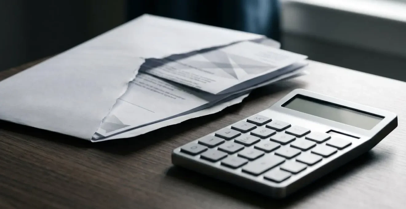 Enveloppe officielle administrative ouverte avec document et calculatrice sur bureau symbolisant sanctions financières