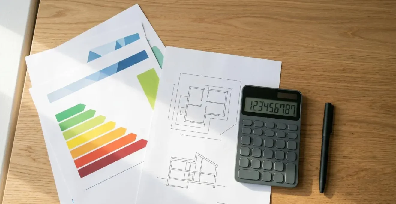 Vue en plongée de documents d'audit énergétique professionnels étalés sur une table avec calculatrice et plans architecturaux