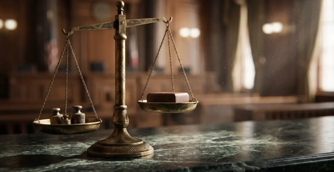 Métaphore visuelle de la balance entre urgence procédurale et décision judiciaire approfondie