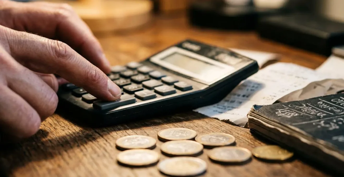 Gros plan sur des mains calculant un budget avec factures et pièces de monnaie