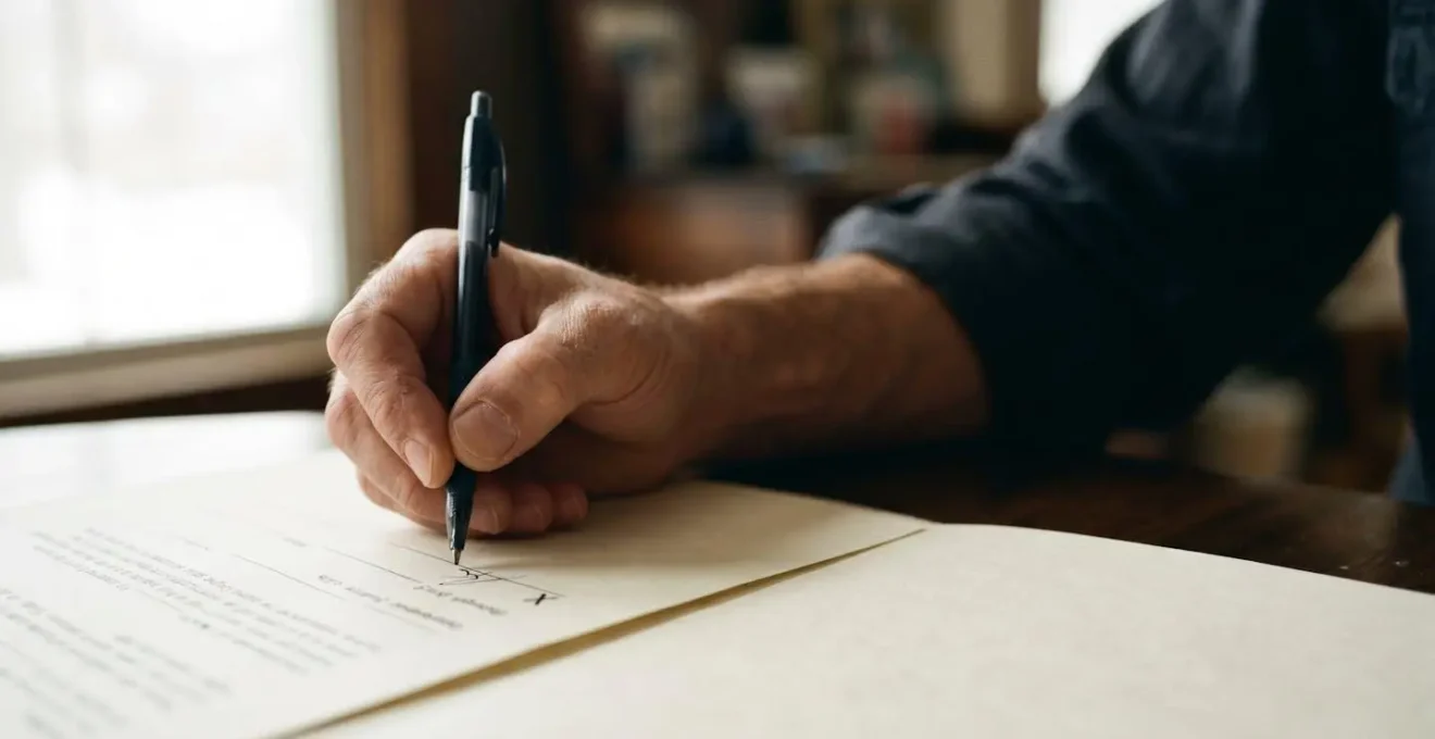Main écrivant une mention manuscrite sur un document de caution solidaire, symbolisant l'engagement juridique du garant