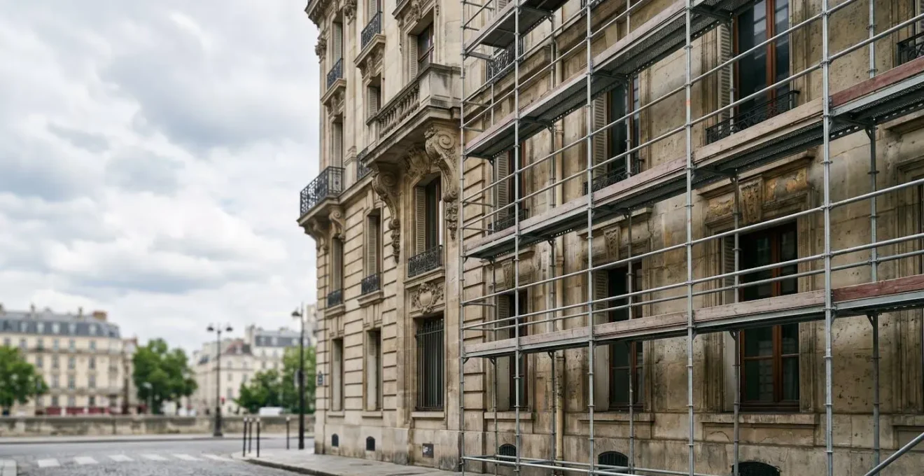 Façade d'immeuble ancien avec échafaudage de chantier sous lumière naturelle