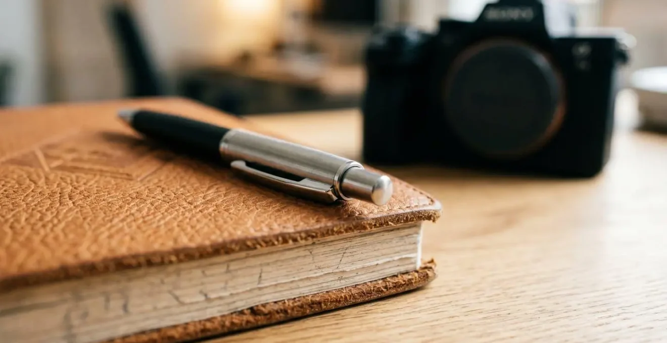 Détail macro de carnet de notes et appareil photo professionnel sur surface neutre