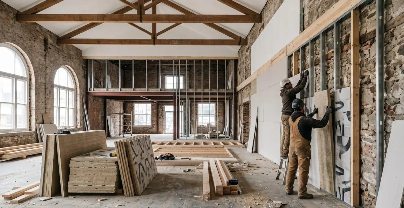Chantier de rénovation énergétique avec installation de panneaux d'isolation thermique sur les murs d'un logement dégradé