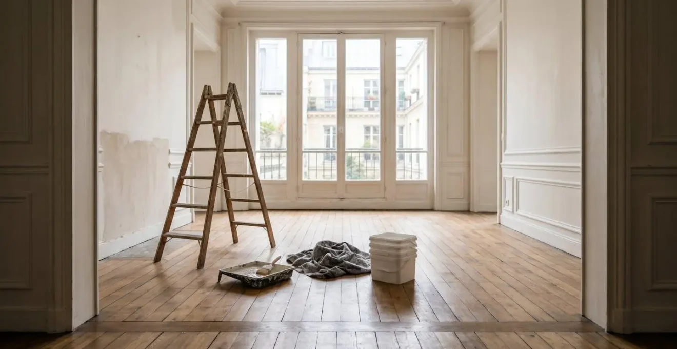 Intérieur d'un appartement en cours de rénovation avec des éléments suggérant la vacance et les risques