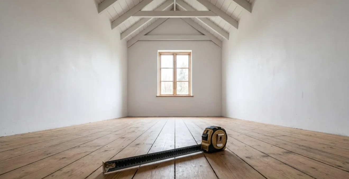Intérieur minimaliste d'une petite pièce avec mètre ruban professionnel posé sur surface claire montrant les dimensions