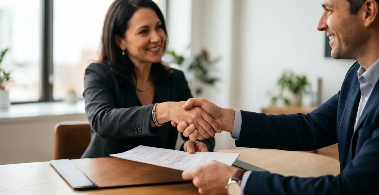 Négociation professionnelle avec documents de convention d'honoraires symbolisant l'accord entre avocat et client