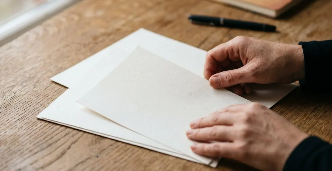 Mains arrangeant des documents de police d'assurance sur un bureau en bois avec une lumière naturelle, symbolisant l'organisation de contrat et la stratégie de regroupement.