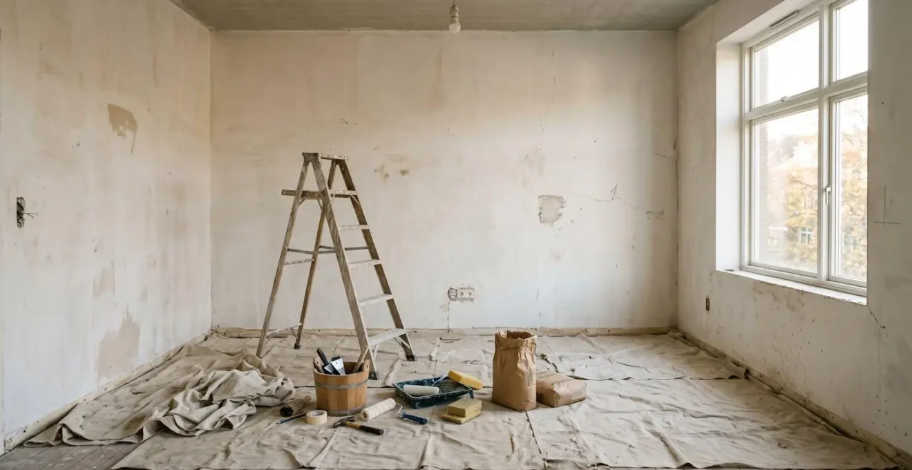 Intérieur d'appartement en cours de rénovation avec outils et matériaux