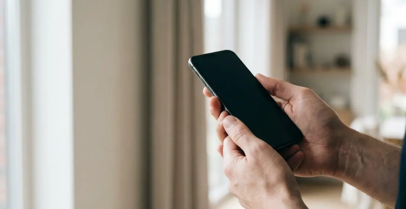 Gros plan de mains tenant un smartphone avec un arrière-plan en bokeh doux, représentant la gestion d'assurance mobile et la flexibilité.